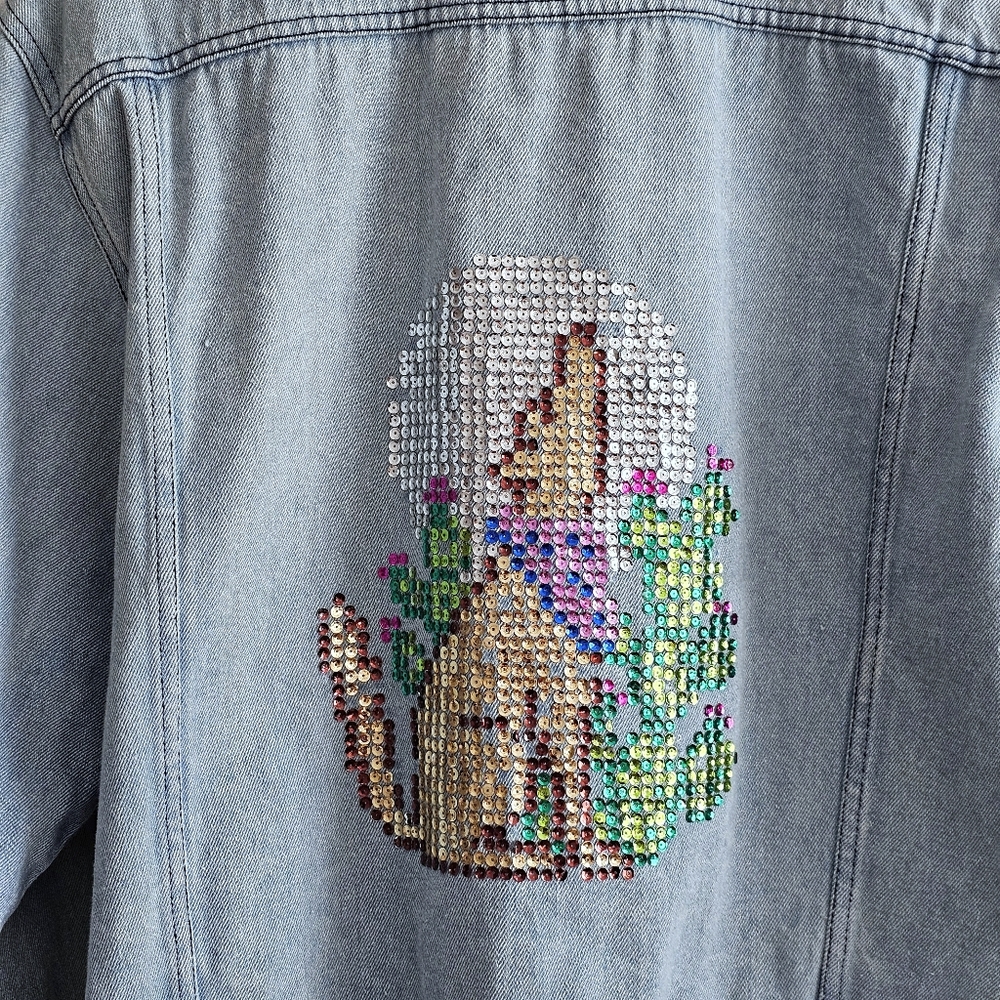 Vintage Western Sequin Coyote Moon Art Denim Jacket Desert Cactus Statement M - Picture 3 of 16